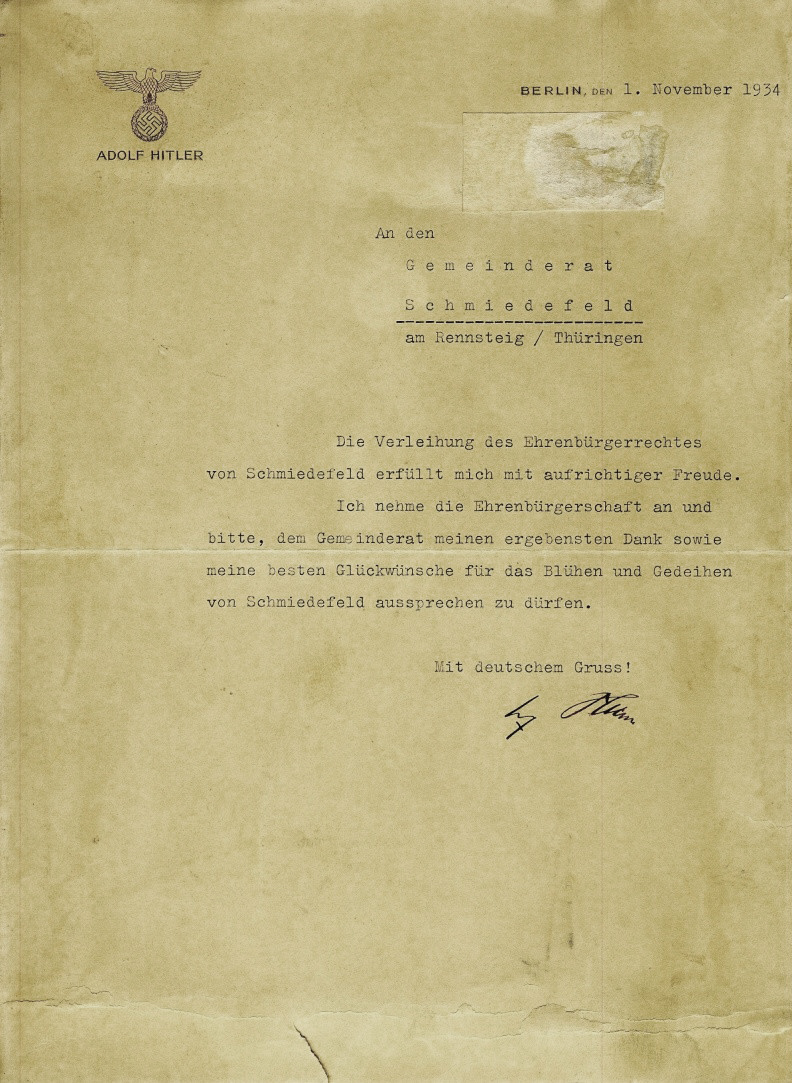 Adolf Hitler accepts to become a honorary citizen of the city of Schmiedefeld in Thuringen